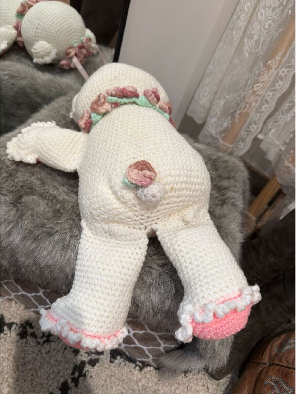 Handmade Crochet White Bear Plush with Pink Accents and Floral Details - Picture 3 of 3